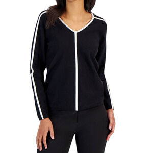 Anne Klein Women's Contrast-Trim Cotton Blend V-Neck Sweater. Black XL  NWT